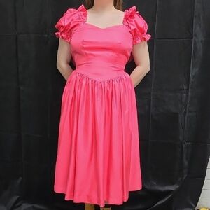 80s Drop Waist Barbie Pink Puff Sleeve Princess Dress 1980s Prom Retro Fuchsia